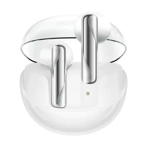 تصویر هندزفری بلوتوث QCY مدل Alibuds Clear با رنگ مشکی که در کنار جعبه شارژ خود قرار دارد. این محصول دارای طراحی جمعوجور و سبک است